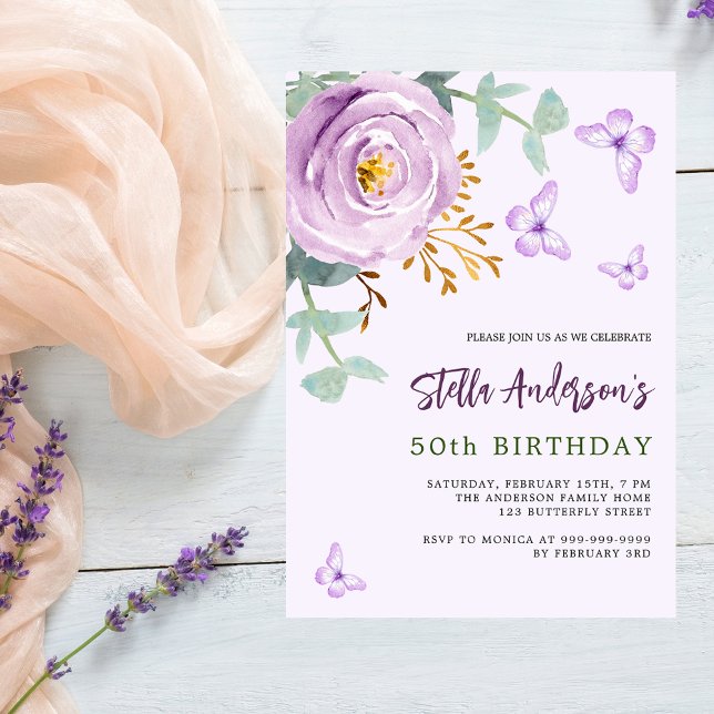 Lilac purple rose floral butterfly luxury birthday invitation (Creator Uploaded)
