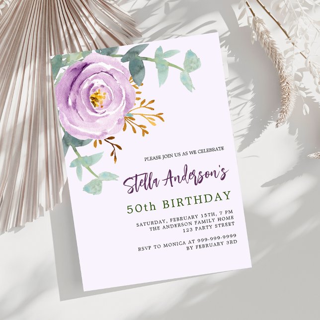 Lilac purple rose floral greenery birthday invitation (Creator Uploaded)