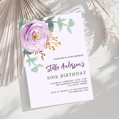 Lilac purple rose floral greenery luxury birthday invitation