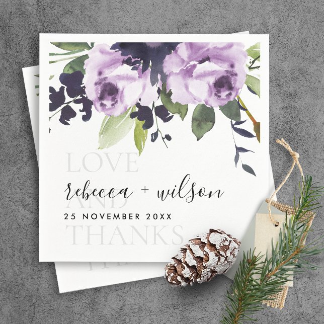 LILAC PURPLE ROSE FLORAL LOVE AND THANKS WEDDING NAPKINS (Creator Uploaded)