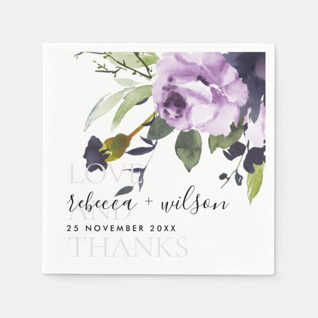 LILAC PURPLE ROSE FLORAL LOVE AND THANKS WEDDING NAPKINS (Front)
