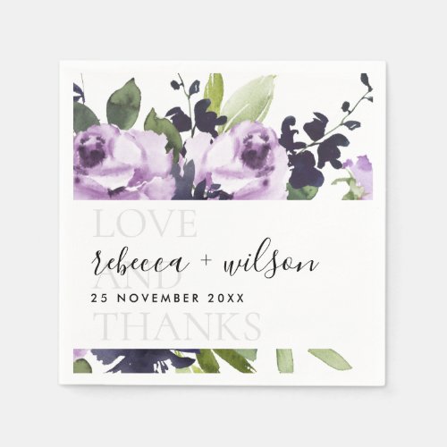 LILAC PURPLE ROSE FLORAL LOVE AND THANKS WEDDING NAPKINS