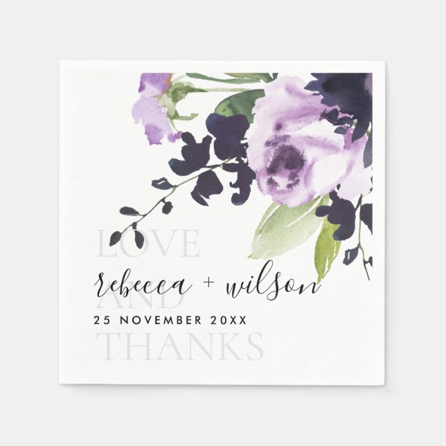 LILAC PURPLE ROSE FLORAL LOVE AND THANKS WEDDING NAPKINS (Front)
