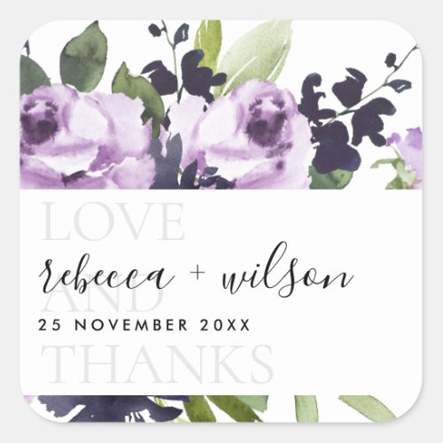 LILAC PURPLE ROSE FLORAL LOVE AND THANKS WEDDING SQUARE STICKER