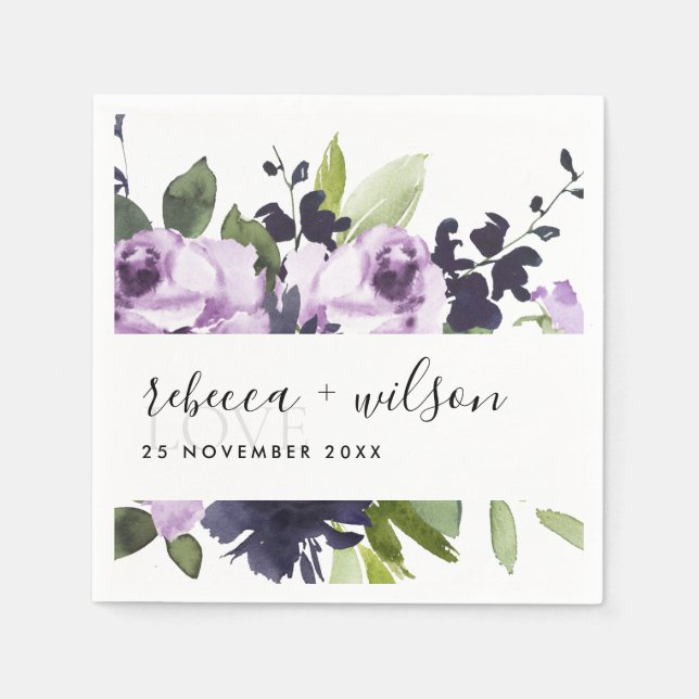 LILAC PURPLE ROSE FLORAL WATERCOLOR LOVE WEDDING NAPKINS (Front)