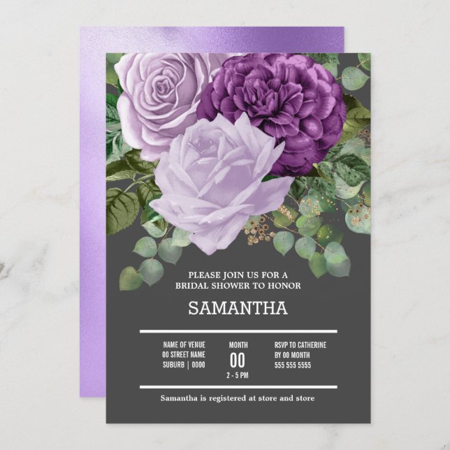 Lilac purple rose flower shimmer chic floral bloom invitation (Front/Back)