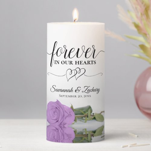 Lilac Purple Rose Forever in our Hearts Memorial Pillar Candle