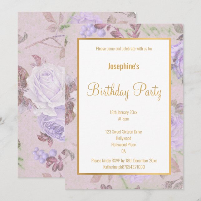 LILAC PURPLE  ROSE GOLD WHITE CUSTOM BIRTHDAY INVITATION (Front/Back)