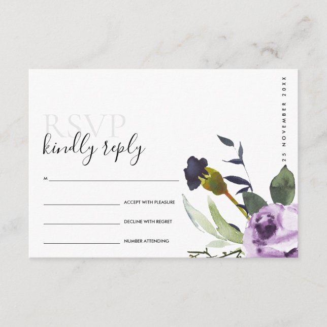 LILAC PURPLE ROSE PEONY FLORAL BUNCH WEDDING RSVP ENCLOSURE CARD (Front)