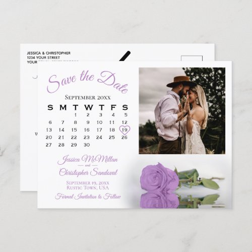 Lilac Purple Rose Photo  Calendar Save the Date  Announcement Postcard