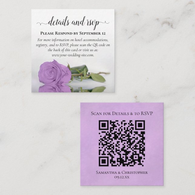 Lilac Purple Rose Wedding Details & RSVP QR Code Enclosure Card (Front/Back)