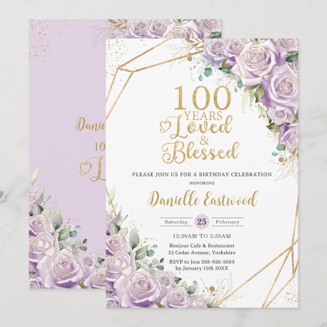 Lilac Purple Roses Floral 100th Birthday Loved Invitation (Front/Back)