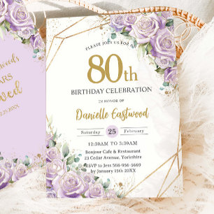 Lilac Purple Roses Floral 80th Birthday Any Age Invitation