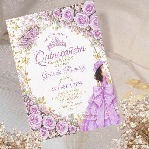 Lilac Purple Roses Golden Butterfly Quinceañera Invitation