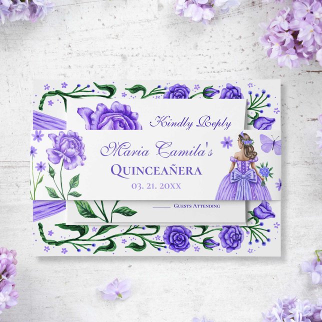 Lilac Purple Roses Princess Butterfly Quinceañera Invitation Belly Band (Lilac Purple Roses Princess Butterfly Quinceañera Invitation Belly Band)