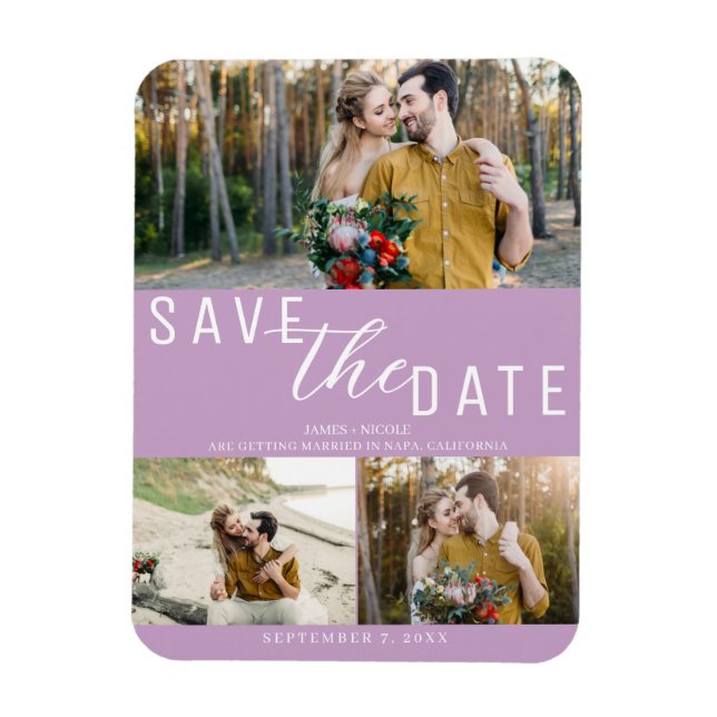 Lilac Purple Save the Date Wedding 3 Photos Magnet (Vertical)