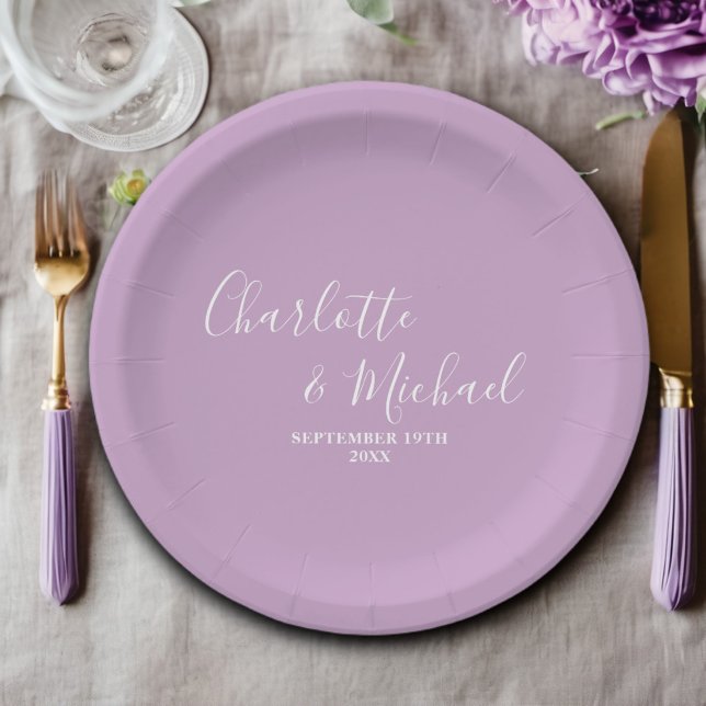 Lilac Purple Script Minimalist Wedding Paper Plates (Creator Uploaded)