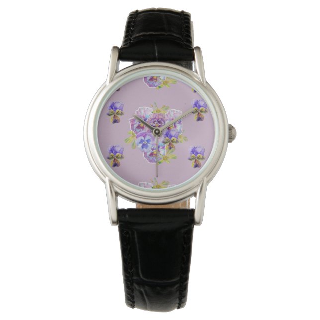 Lilac Purple Shabby Pansy floral flowers Watch (Front)