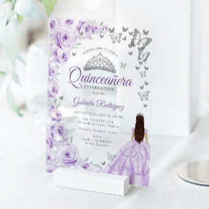Lilac Purple Silver Floral Quinceanera Acrylic Invitations