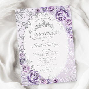 Lilac Purple Silver Floral Quinceanera Foil Invitation