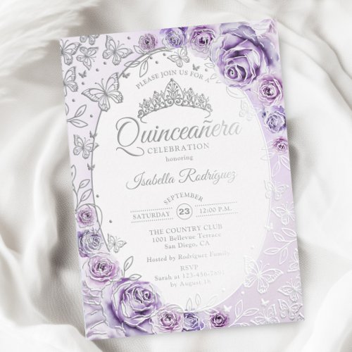 Lilac Purple Silver Floral Quinceanera Foil Invitation