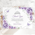 Lilac Purple Silver Floral Quinceanera Thank You Card<br><div class="desc">Lilac purple,  silver and white floral Quinceanera thank you card. Features,  script font,  silver butterflies,  watercolor roses and tiara. Perfect for an elegant princess style glam celebration. Personalize with your own details.</div>