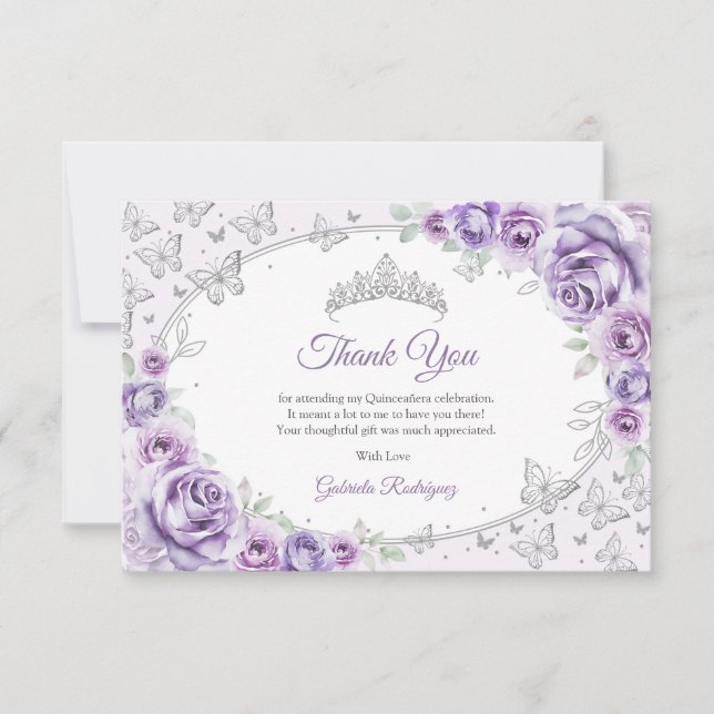 Lilac Purple Silver Floral Quinceanera Thank You Card (Front)