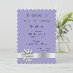 Lilac Purple Silver Glam Ribbon and Bow Birthday Invitation