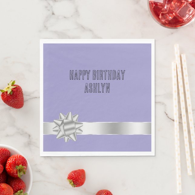 Lilac Purple Silver Glam Ribbon Bow Birthday Napkins (Insitu)