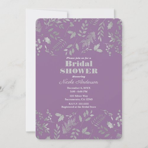 Lilac Purple Silver Leaves Botanical Bridal Shower Invitation