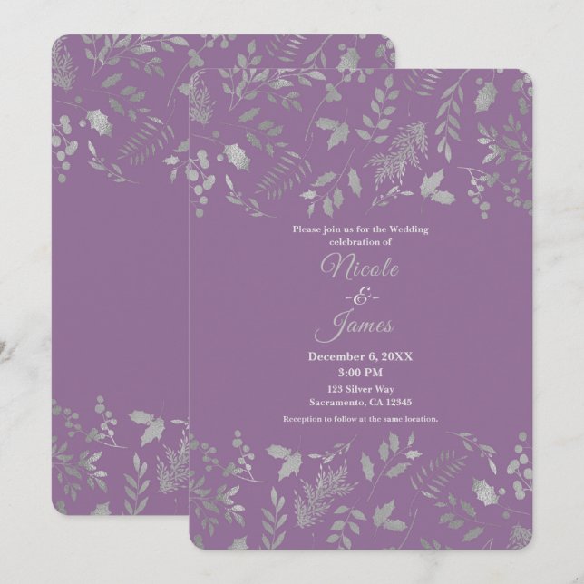 Lilac Purple Silver Leaves Botanical Wedding Invitation (Front/Back)