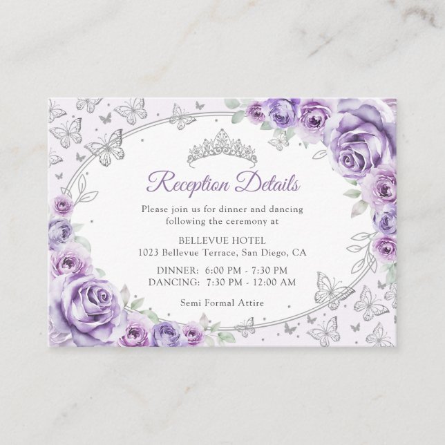 Lilac Purple Silver Quinceanera Reception Details Enclosure Card (Front)