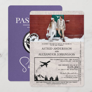 Lilac Purple Sweden Passport Wedding Invitation