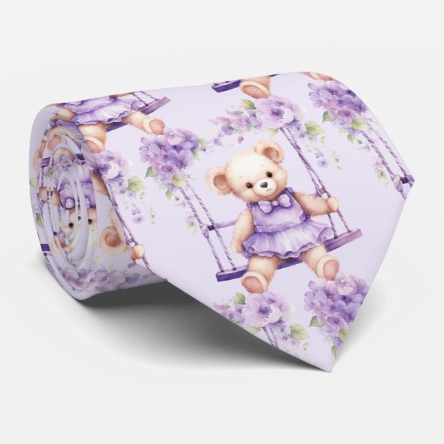Lilac Purple Teddy Bear Neck Tie (Rolled)