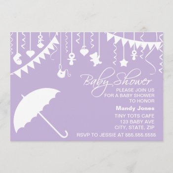 Lilac Purple Umbrella Baby Shower Invitation by PeachyPrints at Zazzle