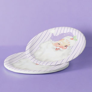 Lilac Purple Vintage Winking Santa Christmas Party Paper Plates