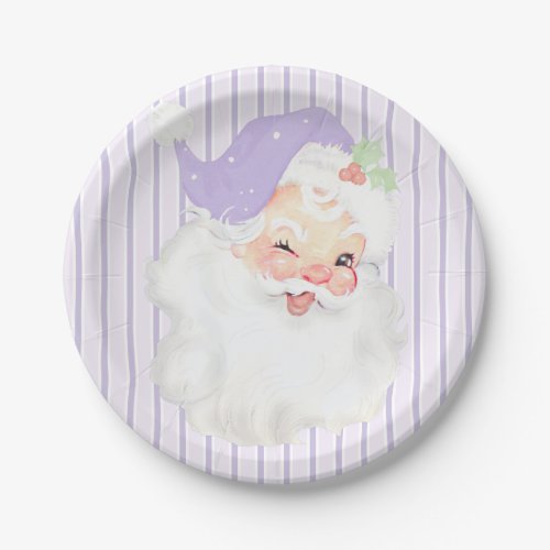 Lilac Purple Vintage Winking Santa Christmas Party Paper Plates