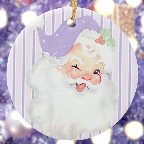 Lilac Purple Vintage Winking Santa Christmas Tree Ceramic Ornament