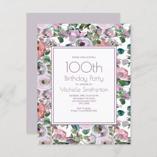 Lilac Purple Watercolor Floral 100th Birthday Invitation