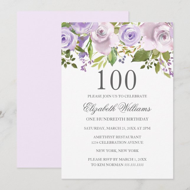 Lilac Purple Watercolor Floral 100th Birthday Invitation (Front/Back)