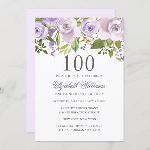 Lilac Purple Watercolor Floral 100th Birthday Invitation