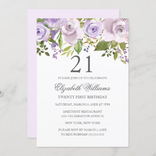 Lilac Purple Watercolor Floral 21st Birthday Invitation