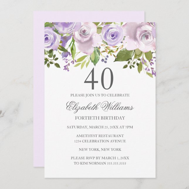 Lilac Purple Watercolor Floral 40th Birthday Invitation (Front/Back)
