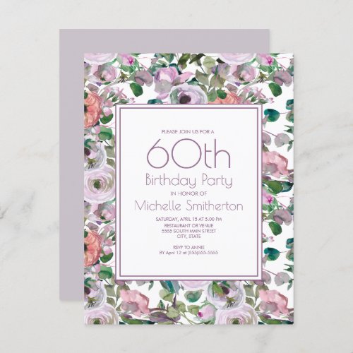 Lilac Purple Watercolor Floral 60th Birthday Invitation