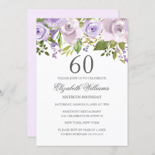Lilac Purple Watercolor Floral 60th Birthday Invitation
