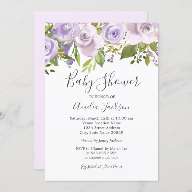 Lilac Purple Watercolor Floral Baby Shower Invitation (Front/Back)