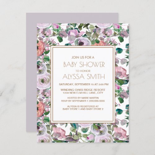 Lilac Purple Watercolor Floral Baby Shower Invitation