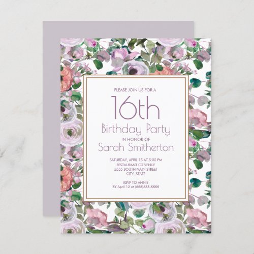 Lilac Purple Watercolor Floral Sweet 16 Birthday Invitation