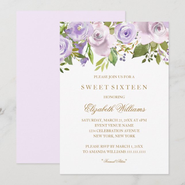 Lilac Purple Watercolor Floral Sweet Sixteen Invitation (Front/Back)
