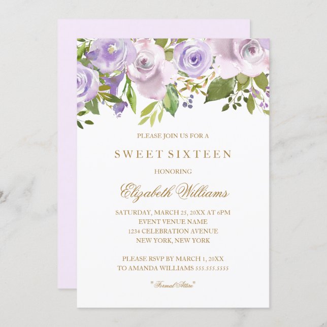 Lilac Purple Watercolor Floral Sweet Sixteen Invitation (Front/Back)